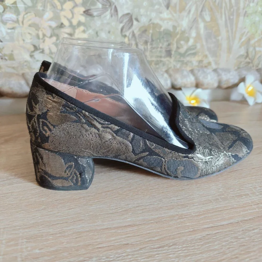 Franco Sarto Hettie Black & Metallic Gold Floral Brocade Block Heels 6.5